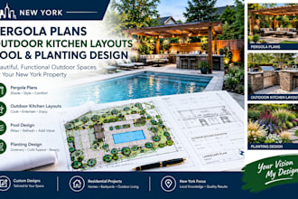 new york pergola plans, outdoor kitchen layouts, pool and planting design