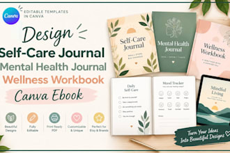 design self care journal, mental health journal, wellness workbook, canva ebook