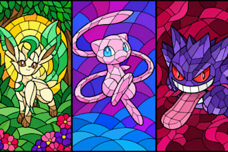 draw custom stained glass art illustration, line art, character or fantasy glass