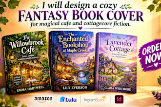 design a cozy fantasy book cover for magical cafe and cottagecore fiction