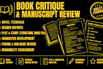 provide book critique, manuscript review, novel feedback and reader report