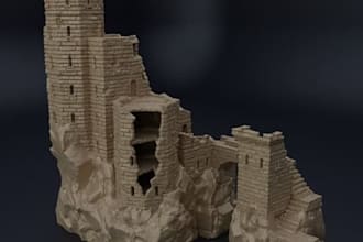 ai image to 3d architecture, realistic sculpture terrain model, medieval riser