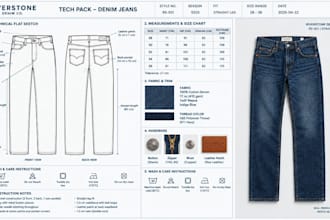 create denim jeans, jean jackets, denim shorts skirts flat sketch for production