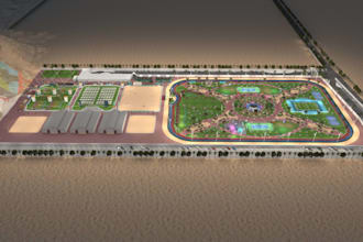 model outdoor recreational park,render 3d sports complex, paddle court landscape