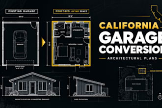 draw california garage conversion plan and architectural drawing