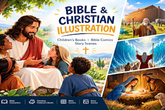 illustrate bible themed, comic children story, christian bible illustration