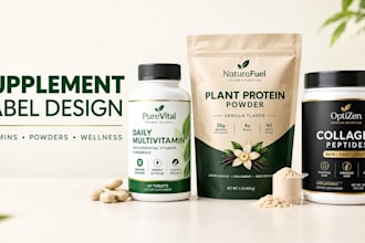 design supplement label, vitamin bottle, nutrition and product packaging
