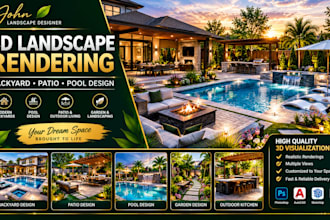 create 3d landscape rendering, backyard, garden, pergola, patio and pool design
