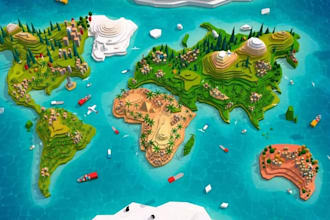 create cartoon lowpoly world map,3d terrain model,landscape map,game ready asset