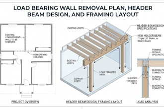 load bearing wall removal plan, header beam design, and framing layout