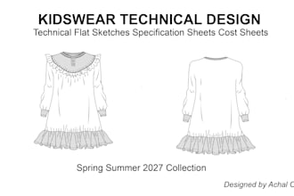 create kids wear technical drawings, spec sheets and cost sheets
