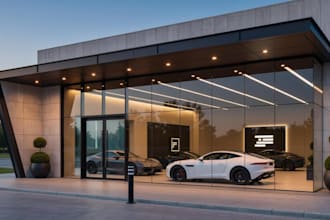 3d car showroom design, luxury car dealership rendering and 3d walkthrough
