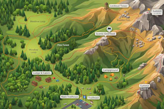 design illustrated hiking map, walking trail map, forest map and outdoor map
