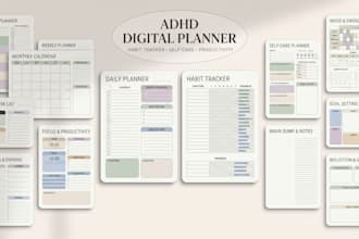 design adhd friendly digital planner with habit tracker,and self care pages