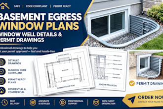 create basement egress window plans, window well details and permit drawing