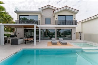 modern mediterranean architect outdoor villa design, living room, backyard pool