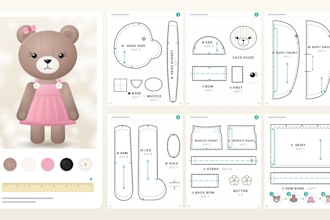 design a custom plush toy reference sheet and sewing pattern for plushies