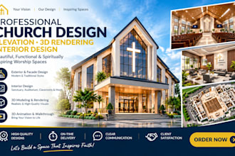 design church architecture elevation interior and 3d rendering