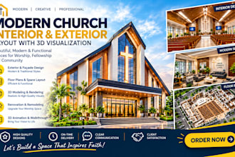 design modern church interior exterior floor plans and 3d rendering