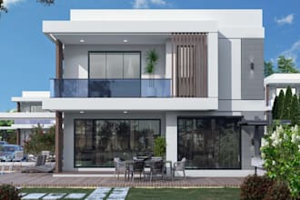 visualize luxury modern villa, rooftop exterior, minimal facade, 3d rendering