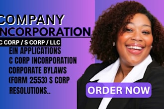 assist with us c corporation formation, ein, bylaws, and s corp election