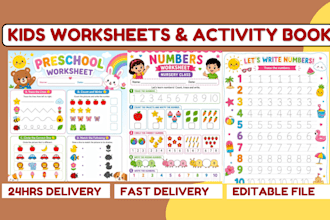 design, format kids math worksheets, educational workbook, activity book layout