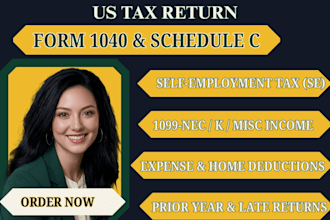 prepare US tax return form 1040 and schedule c tax filing for self employed