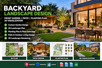 design backyard, front garden plan, patio planting plan, landscape visualization
