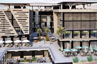 create commercial building design,3d shopping mall,plaza courtyard,glass facade