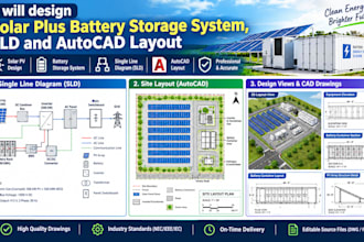 design solar plus battery storage system, sld and autocad layout