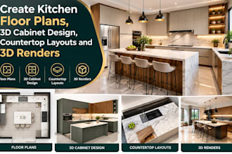create kitchen floor plans, 3d cabinet design, countertop layouts and 3d renders