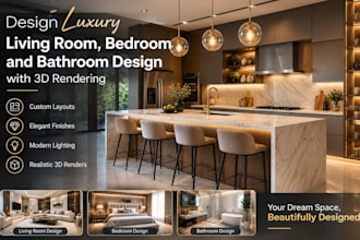 design luxury living room, bedroom and bathroom with 3d rendering