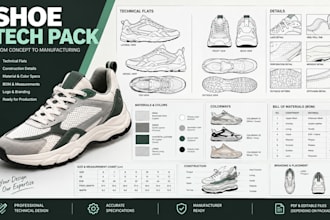 create shoe tech pack, shoe design, footwear tech pack and sneaker tech pack