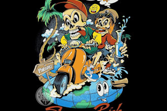 design hand drawn cartoon mascot logo and vintage scooter illustration
