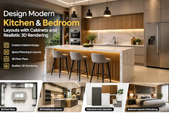 design modern kitchen and bedroom layouts with cabinets and 3d rendering
