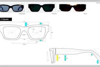 design custom 3d sunglasses, eyewear models and technical drawings