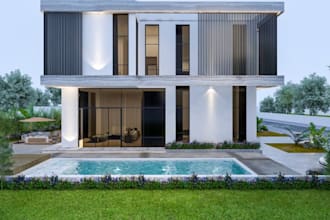 redesign luxury exterior villa house, landscape features, outdoor design, render