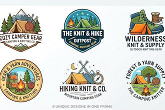 create a camping, knitting, and gear logo design