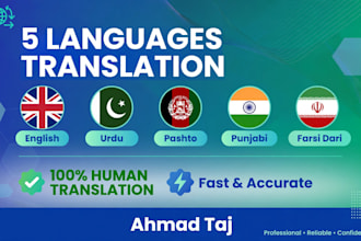 accurately translate english, urdu, punjabi, pashto and farsi