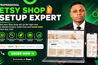 set up etsy shop, digital or pod products with branding and product listings