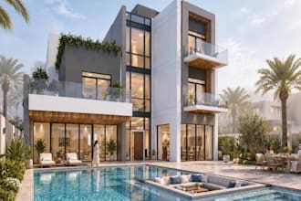 cgi villa house exterior render,interior decor,outdoor dinning area,pool lounge