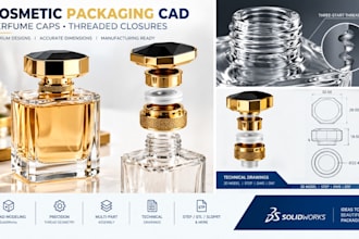 design cosmetic bottles caps, threaded closures, perfume packaging in solidworks