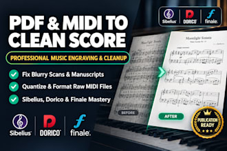 convert PDF or midi to editable sheet music, music engraving and clean score