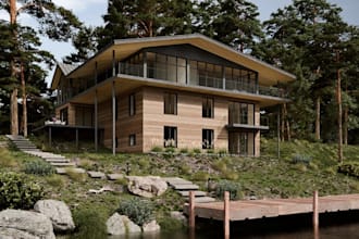 modify biophilic chalet facade,basement design,ultra realistic 3drender,dwg plan