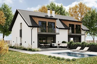 provide twin villa house,patio design,basement layout,3dexternal lawn visual,dwg