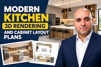 design a modern kitchen with 3d renders and cabinet layout plans