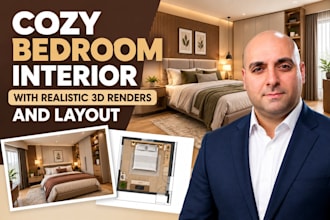 design a cozy bedroom interior with realistic 3d renders and layout