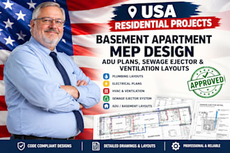 basement apartment mep design, adu plans, sewage ejecto ventilation layouts