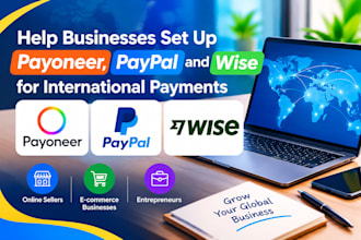help businesses set up payoneer, paypal and wise for international payments