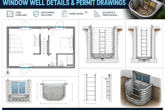 draft basement egress window plans, window well details and permit drawings